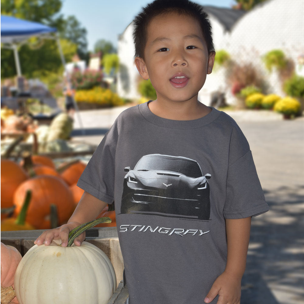Boy wearing the C7 Corvette Stingray Front View Childrens T-shirt