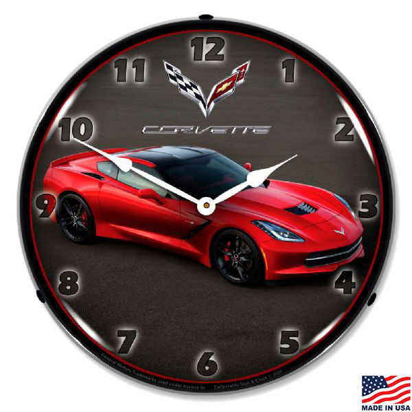 Clock with a red C7 Corvette car design on a dark background