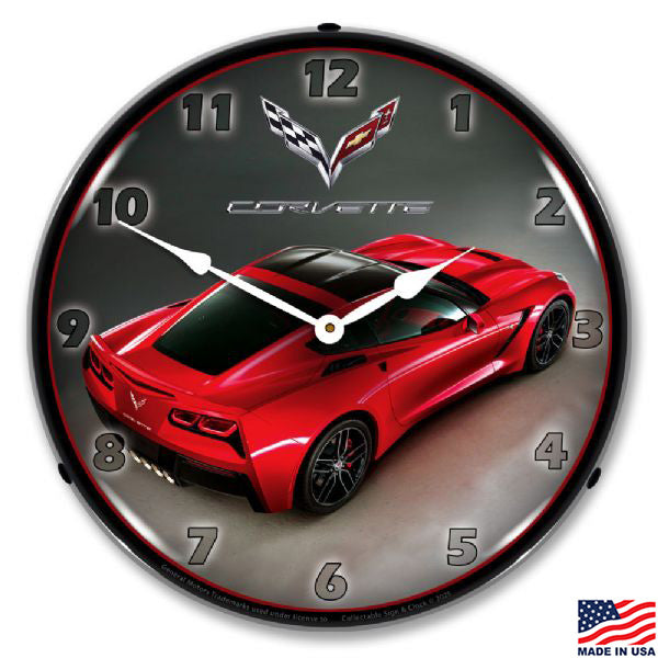 Wall clock with a red C7 Corvette shown from the back