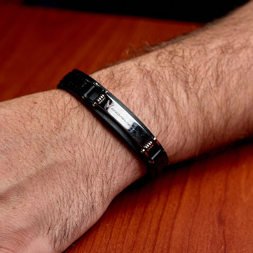 Man wearing the C8 Corvette Black Leather Bracelet