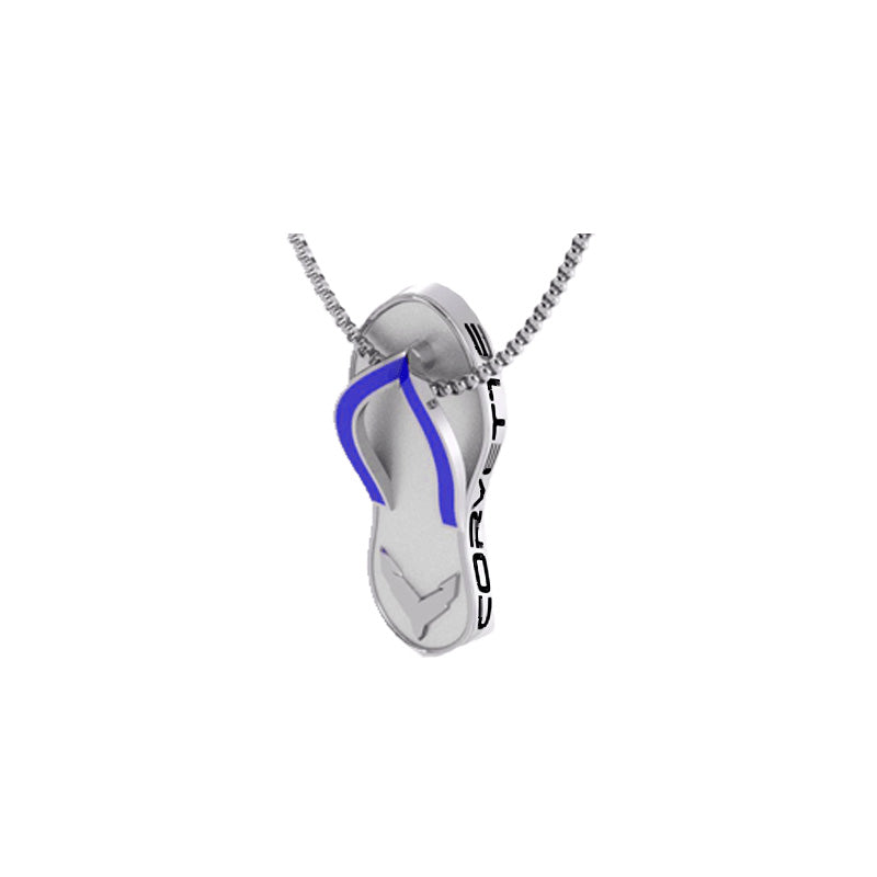 C8 Corvette Blue Flip Flop sterling silver Pendant shown dangling from a chain