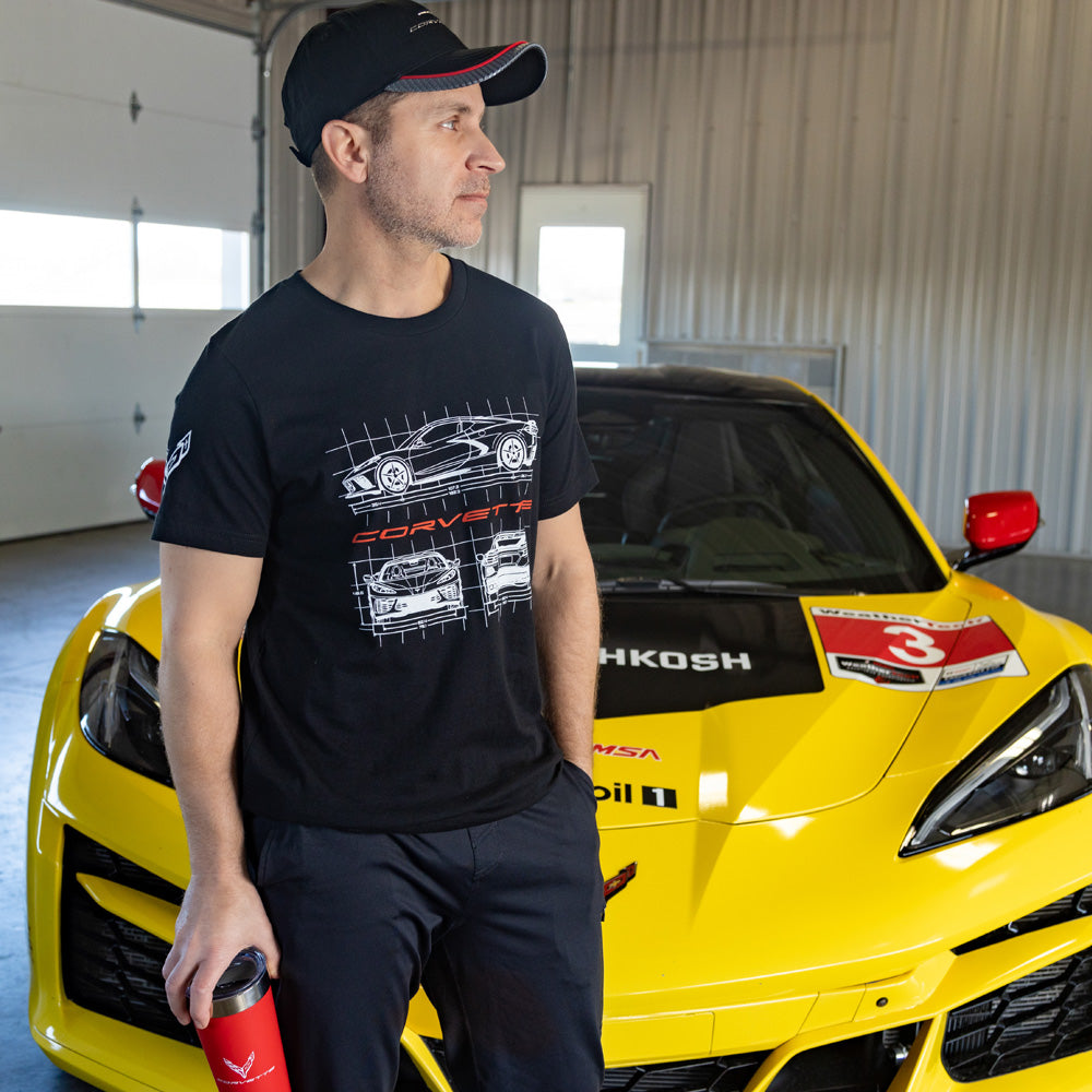 Man standing in front of a yellow Corvette wearing the C8 Corvette Blueprint Black Tee