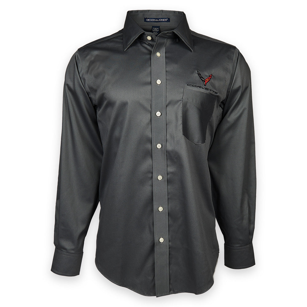 C8 Corvette Cotton Twill Graphite Dress Shirt shown on a white background
