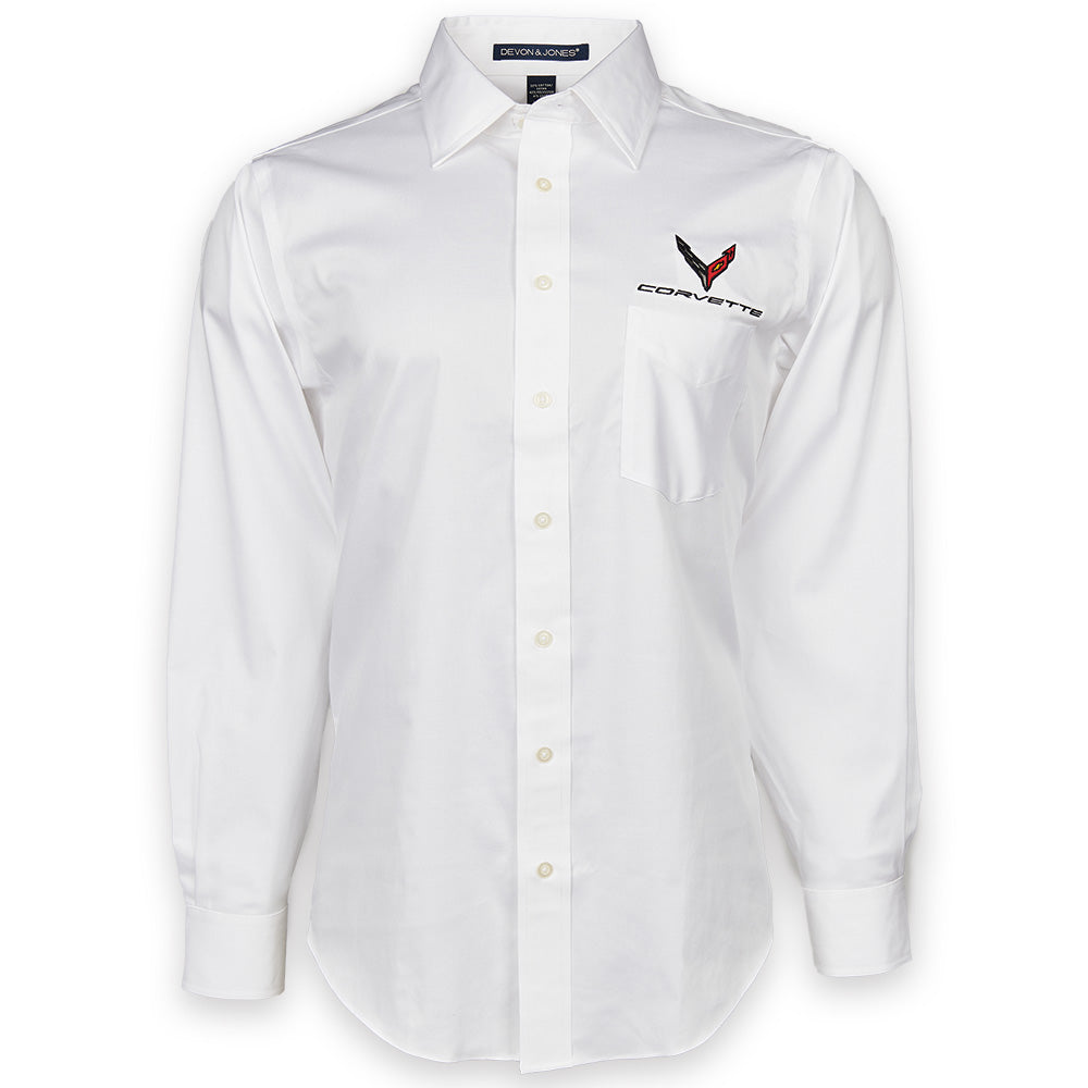 C8 Corvette Cotton Twill White Dress Shirt shown on a white background