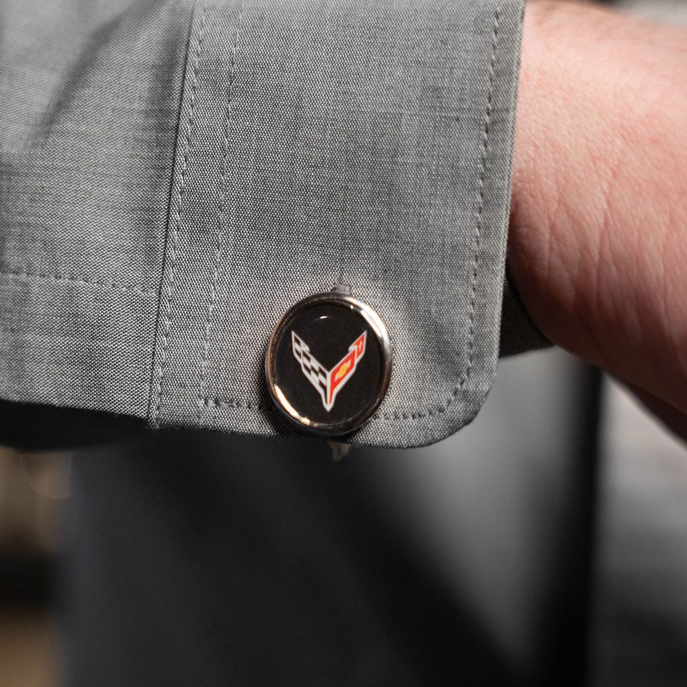 Close up image of a man wearing the C8 Corvette Cufflinks
