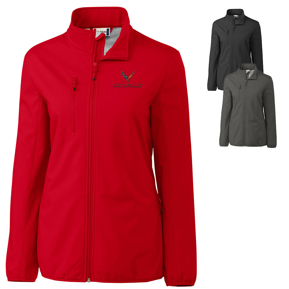 Red jacket with a logo on a white background, with additional jackets in black and gray shown in the corner.