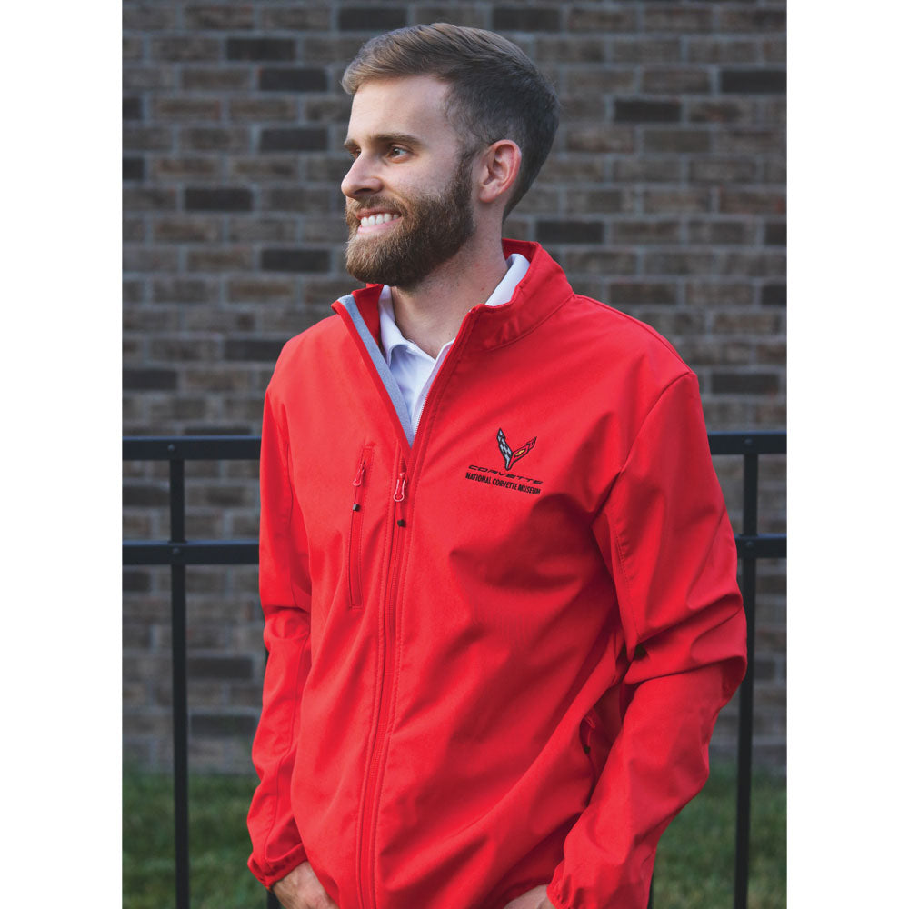 Man wearing the red C8 Corvette Custom Trail Eco Stretch Softshell Jacket