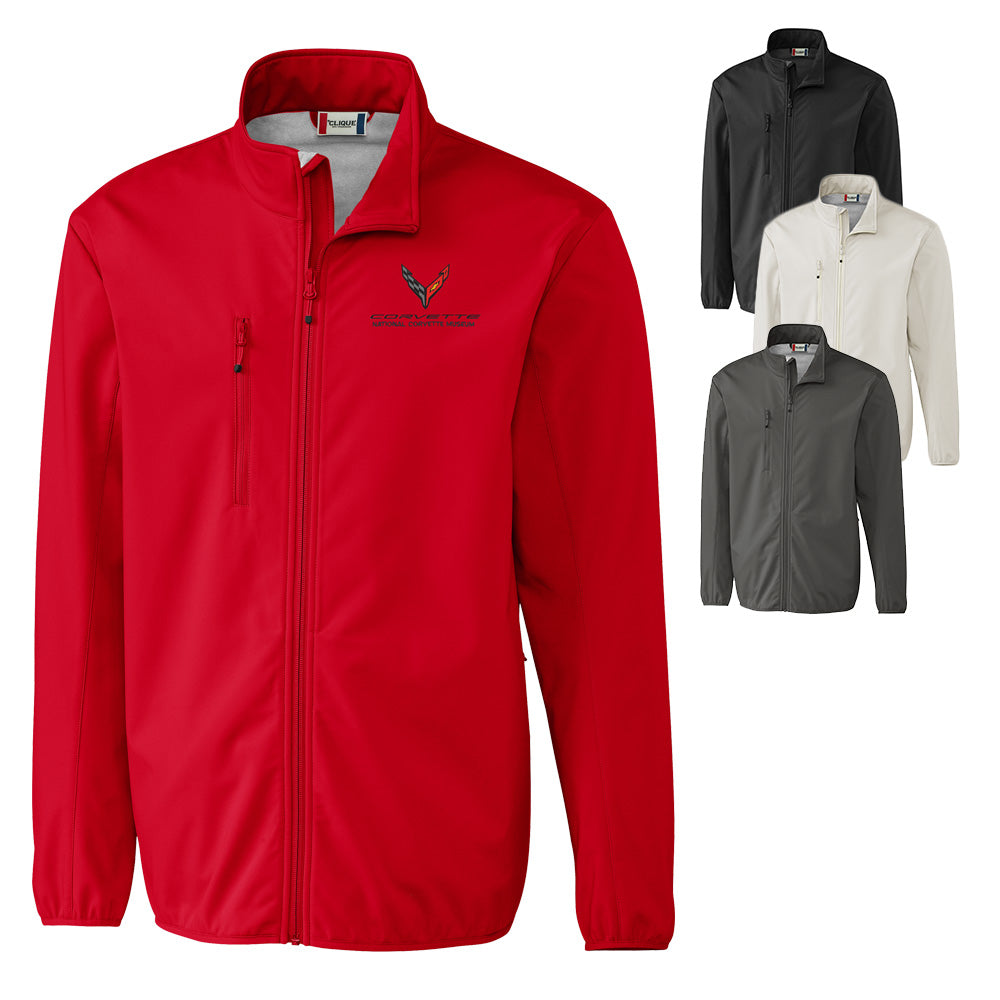 The C8 Corvette Custom Trail Eco Stretch Softshell Men's Jacket shown in four colors on a white background