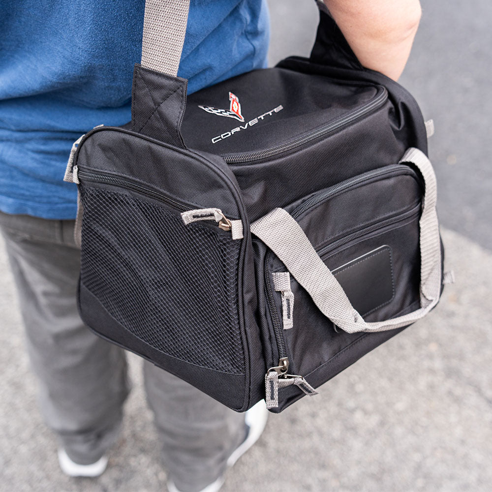 Person carrying the C8 Corvette Emblem Cooler