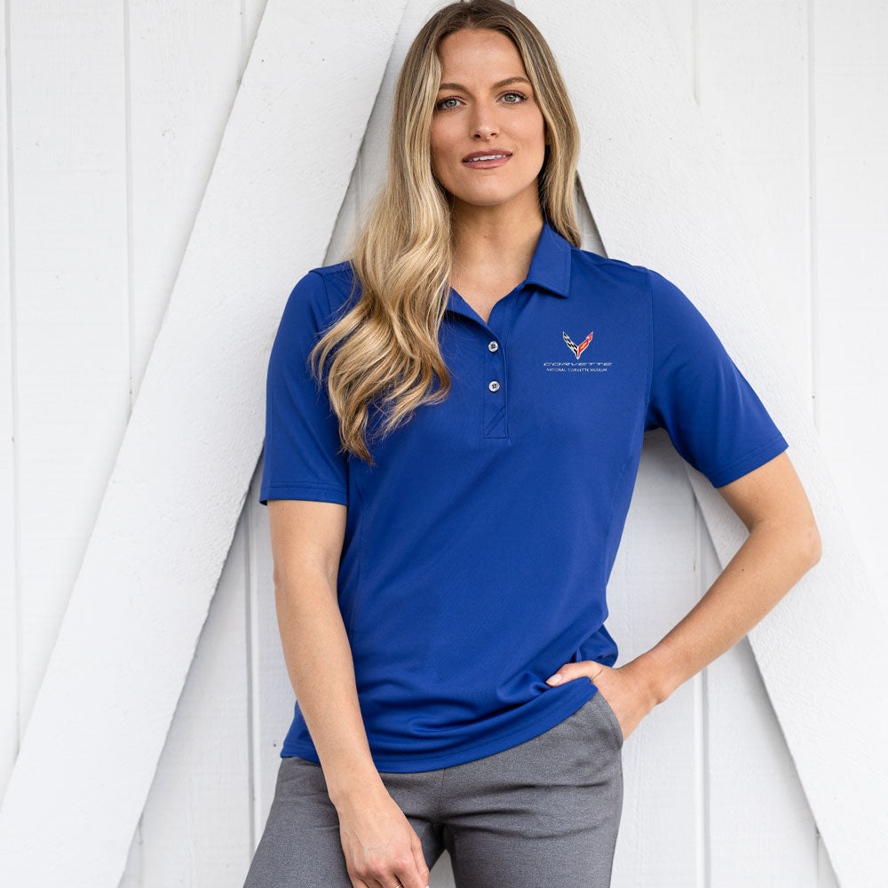 Woman wearing the C8 Corvette Emblem Ladies Core Virtue Polo 