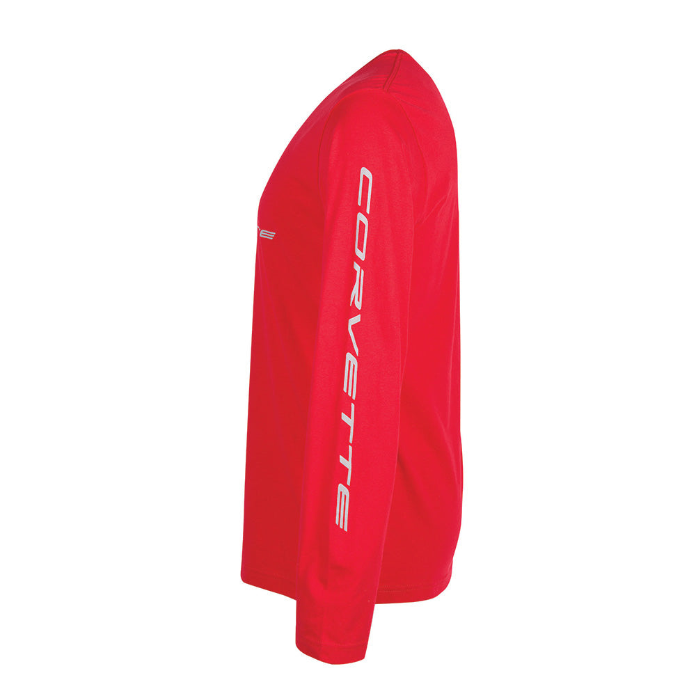 Red long sleeve tee with Corvette script running down the sleeve on a white background