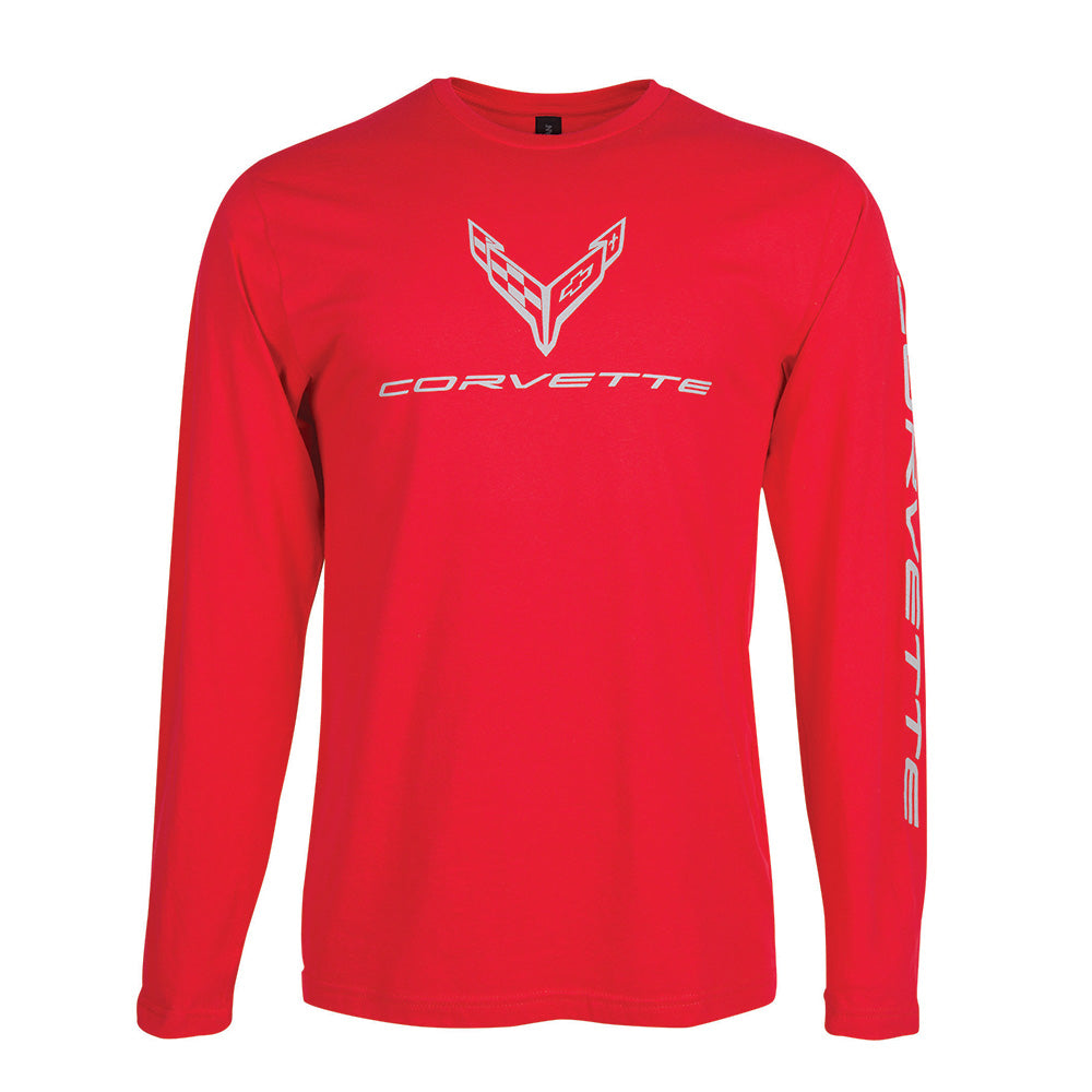 Red long-sleeve shirt with a C8 Corvette logo on a white background