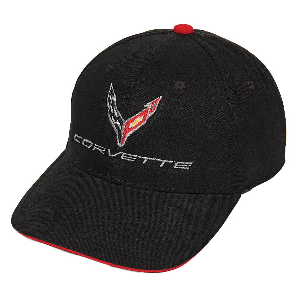 Black baseball cap featuring an embroidered C8 Corvette logo on the front and silver 'CORVETTE' text, plus a red top button and red trim on the brim.