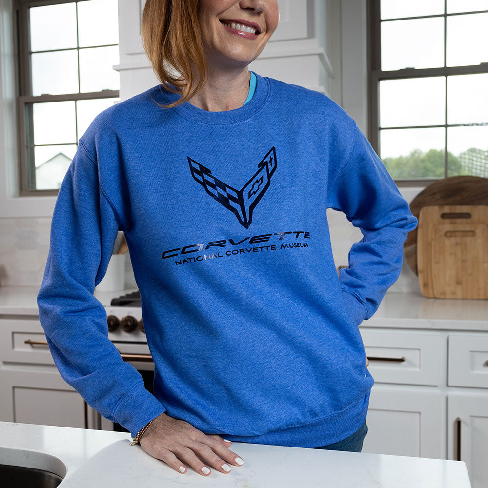 Close up of the emblem on the C8 Corvette Foil Emblem Classic Sweatshirt
