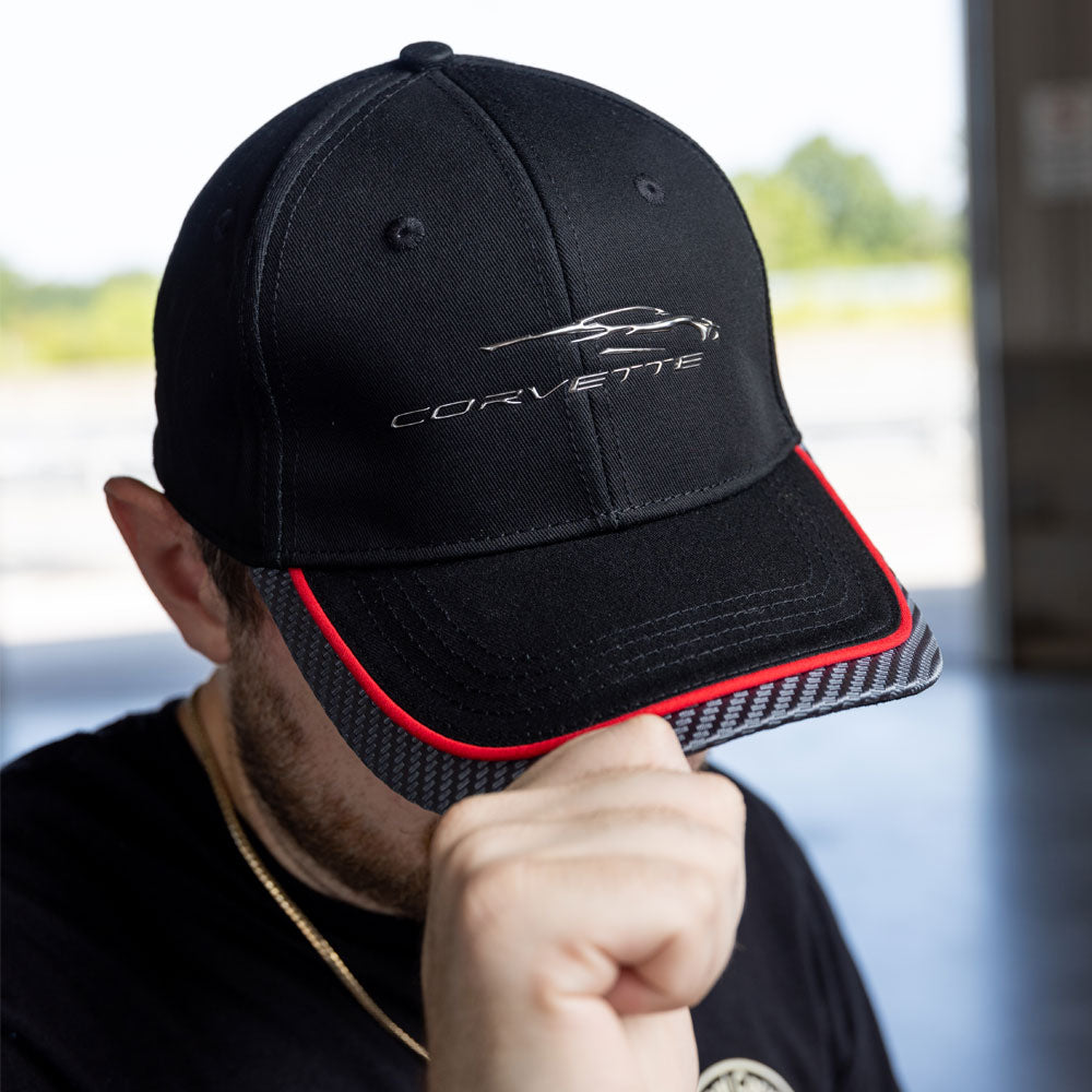 Man wearing the C8 Corvette Gesture Silver Liquid Black and Red Cap