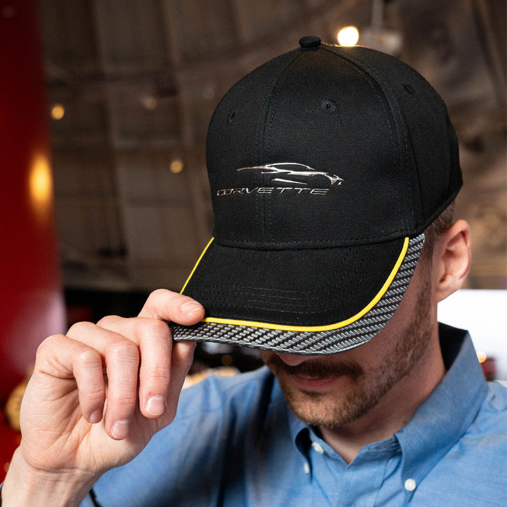 Man wearing the C8 Corvette Gesture Silver Liquid Cap