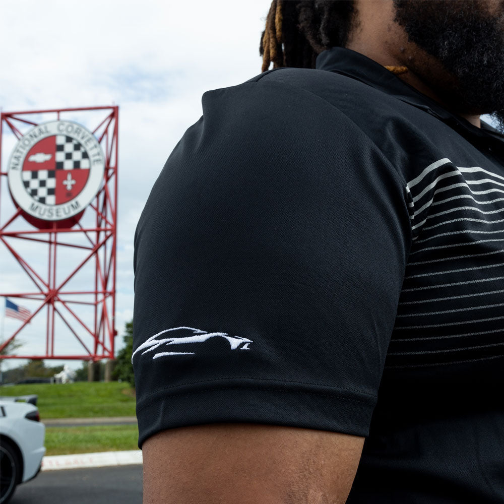 Close up of the embroidered Corvette silhouette on the right sleeve
