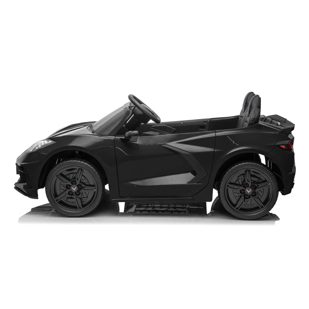 C8 Corvette Kid's 24 Volt Electric Black Ride On Car Side Profile view on a white background.