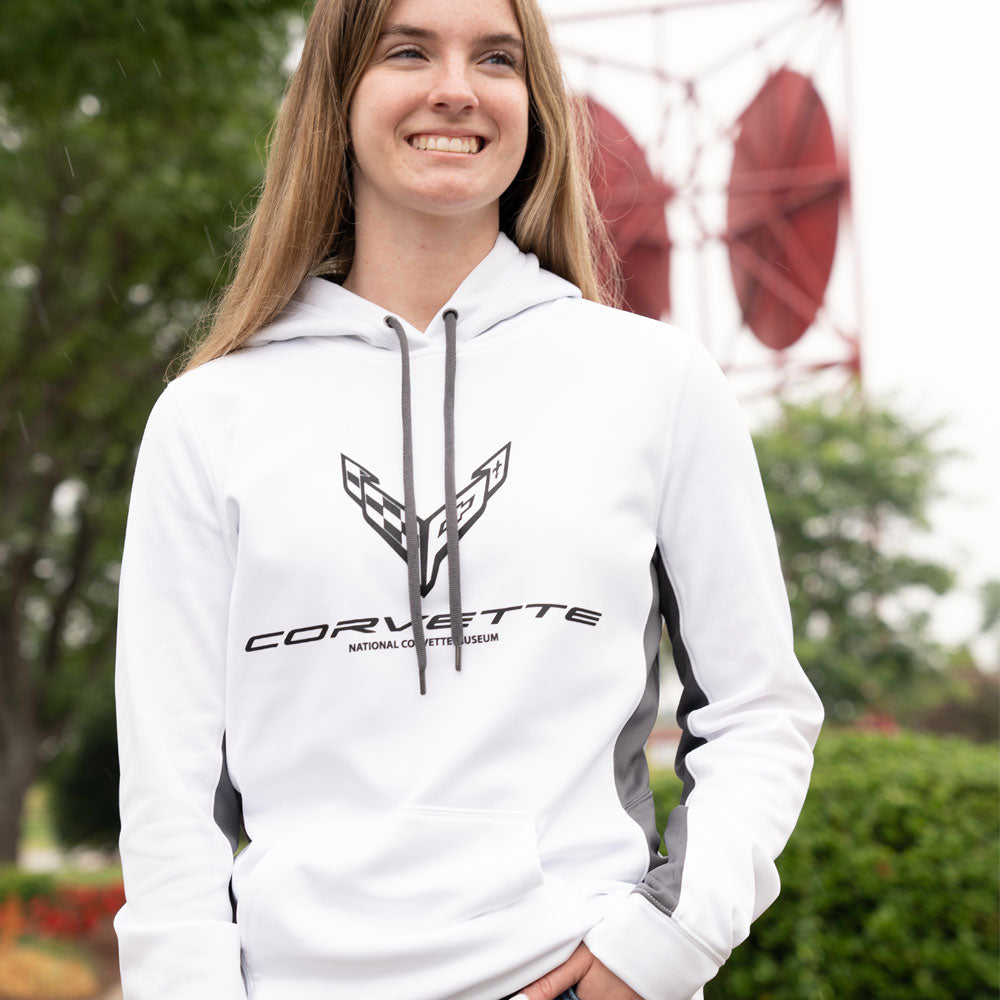 Lady wearing the C8 Corvette Ladies White Colorblock Hoodie