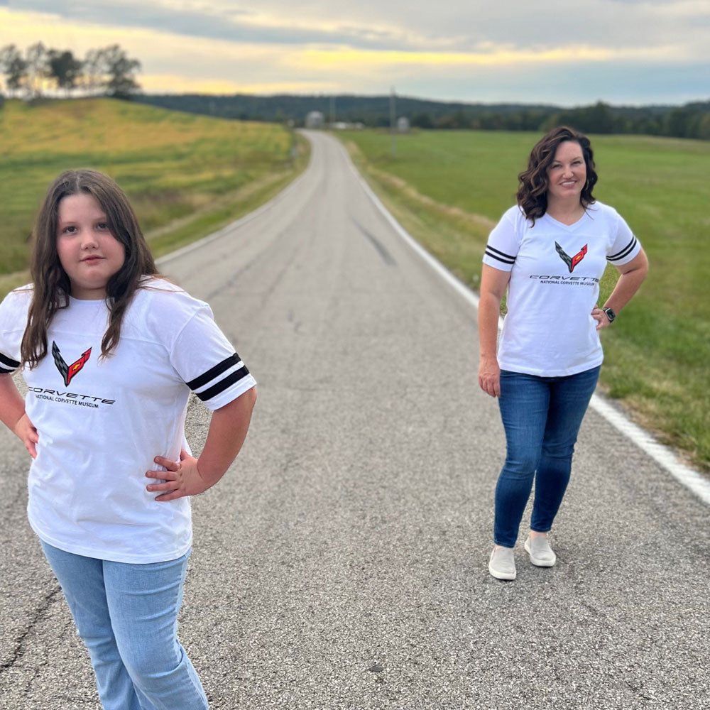 Woman and girl wearing the C8 Corvette Ladies and Girls Football Jersey Top