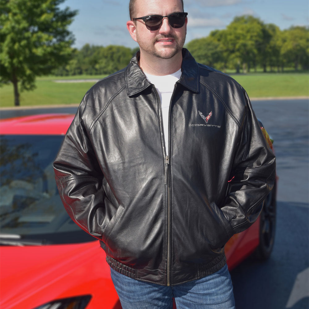 Man wearing the C8 Corvette Lambskin Leather Bomber Jacket