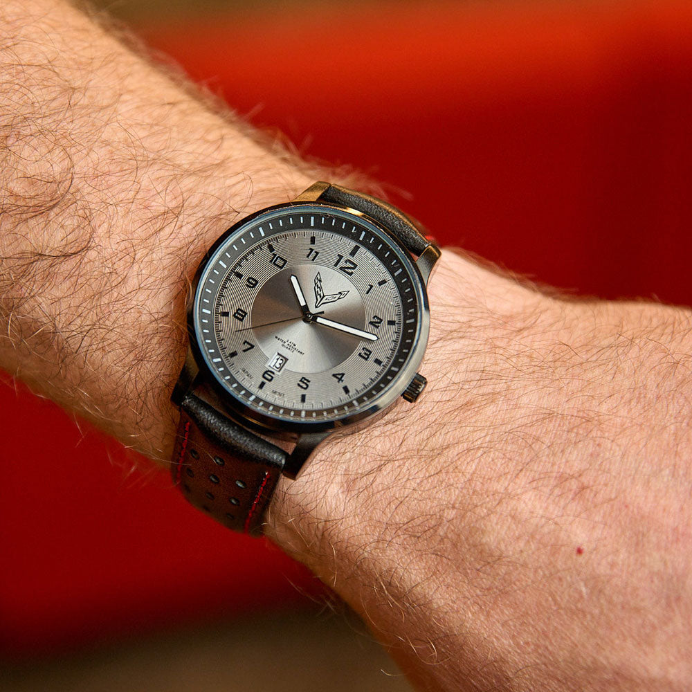 Man wearing the C8 Corvette Leather Sport Watch