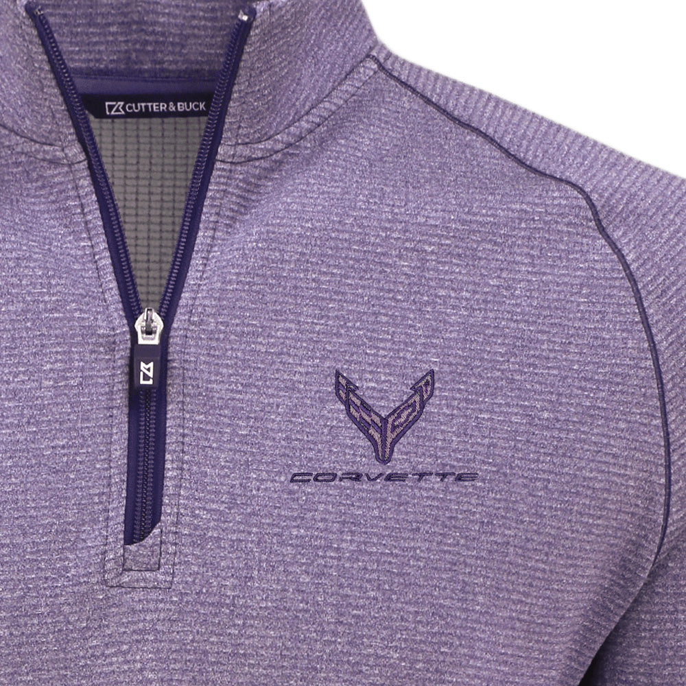 C8 Corvette Mens Heather Purple Half-Zip Pullover Emblem Close Up