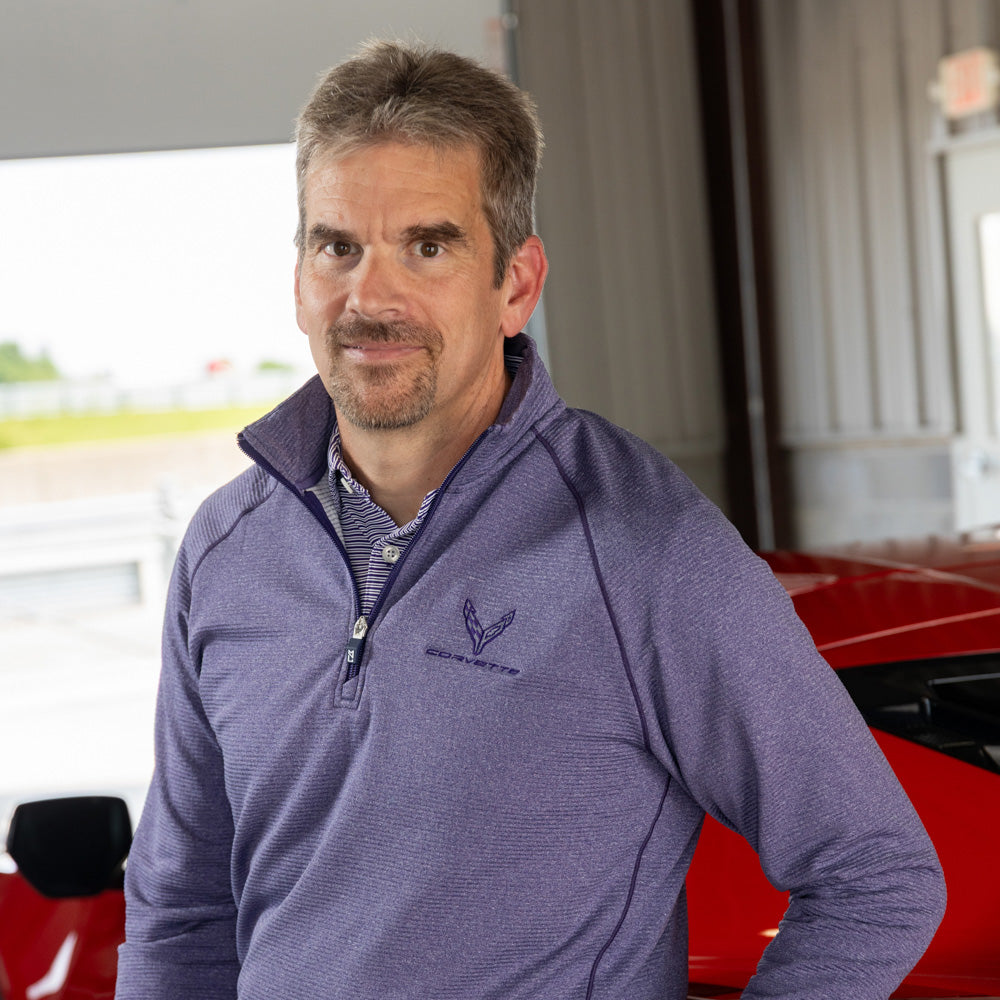 Man wearing the C8 Corvette Heather Purple Half Zip Pullover