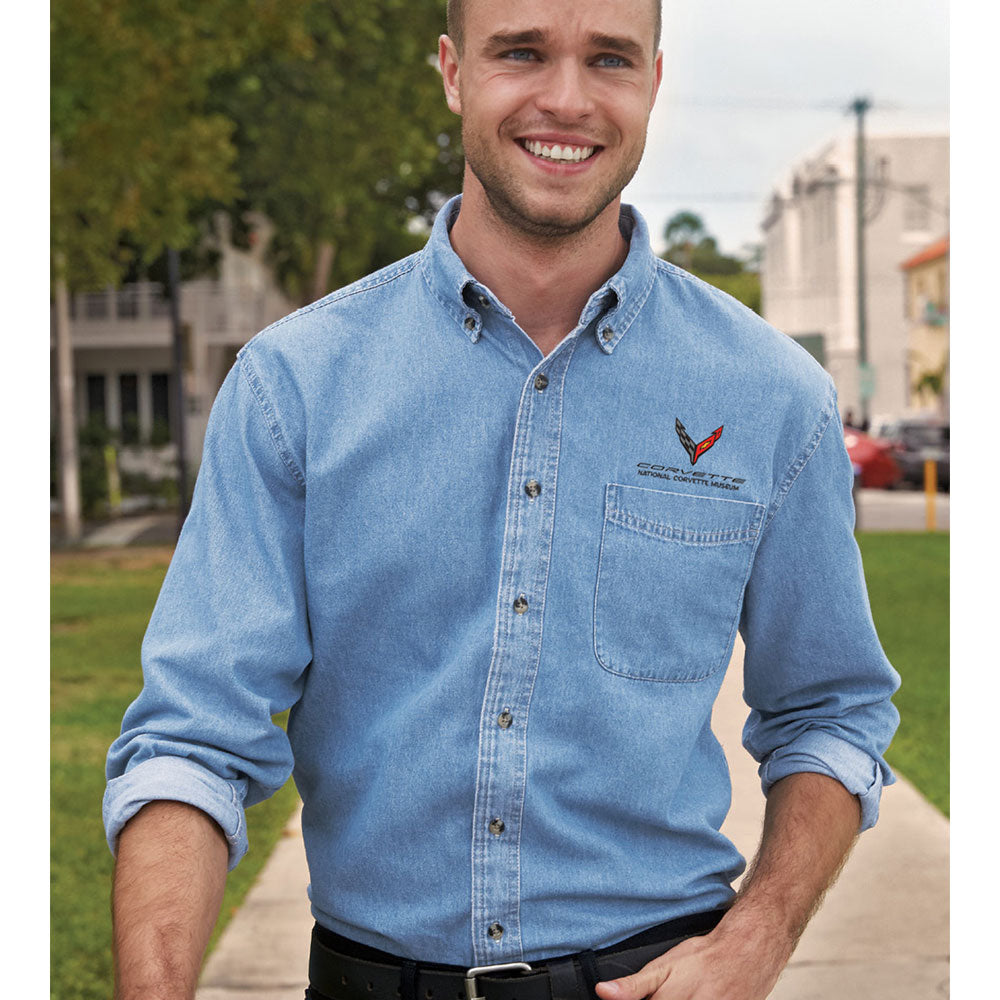 Man wearing the C8 Corvette Mens LS Light Blue Denim Shirt