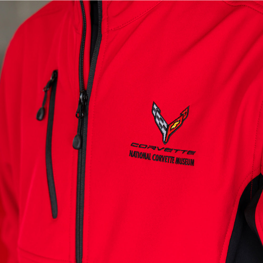 Close up of the embroidered emblem on the C8 Corvette Men's Narvik Colorblock Jacket