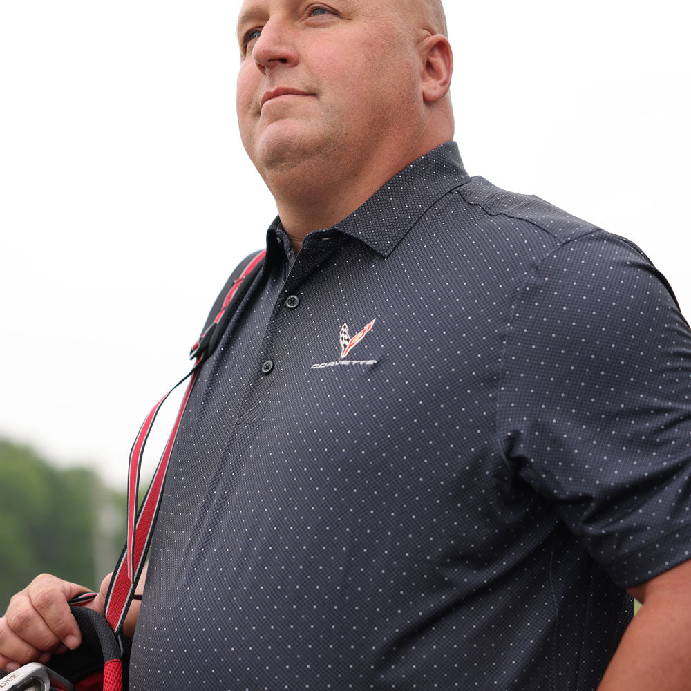 Man wearing the C8 Corvette Mens Pike Dot Polo