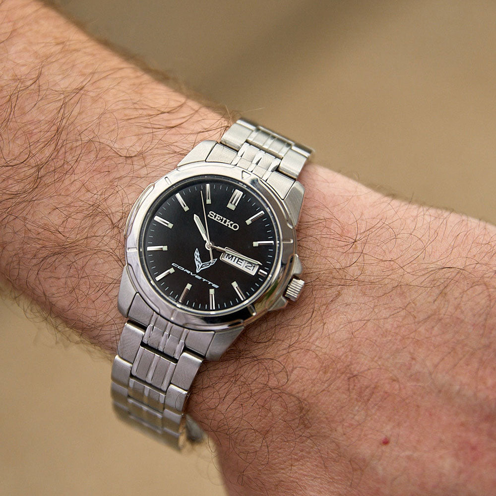 Man wearing a C8 Corvette Mens Seiko Stainless Watch