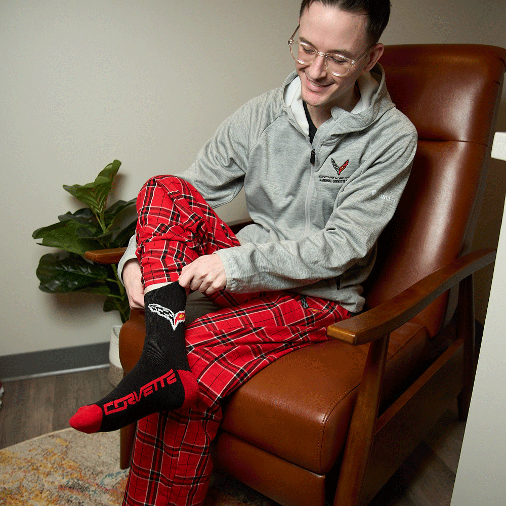 Person wearing C8 Corvette Plaid Flannel Pants