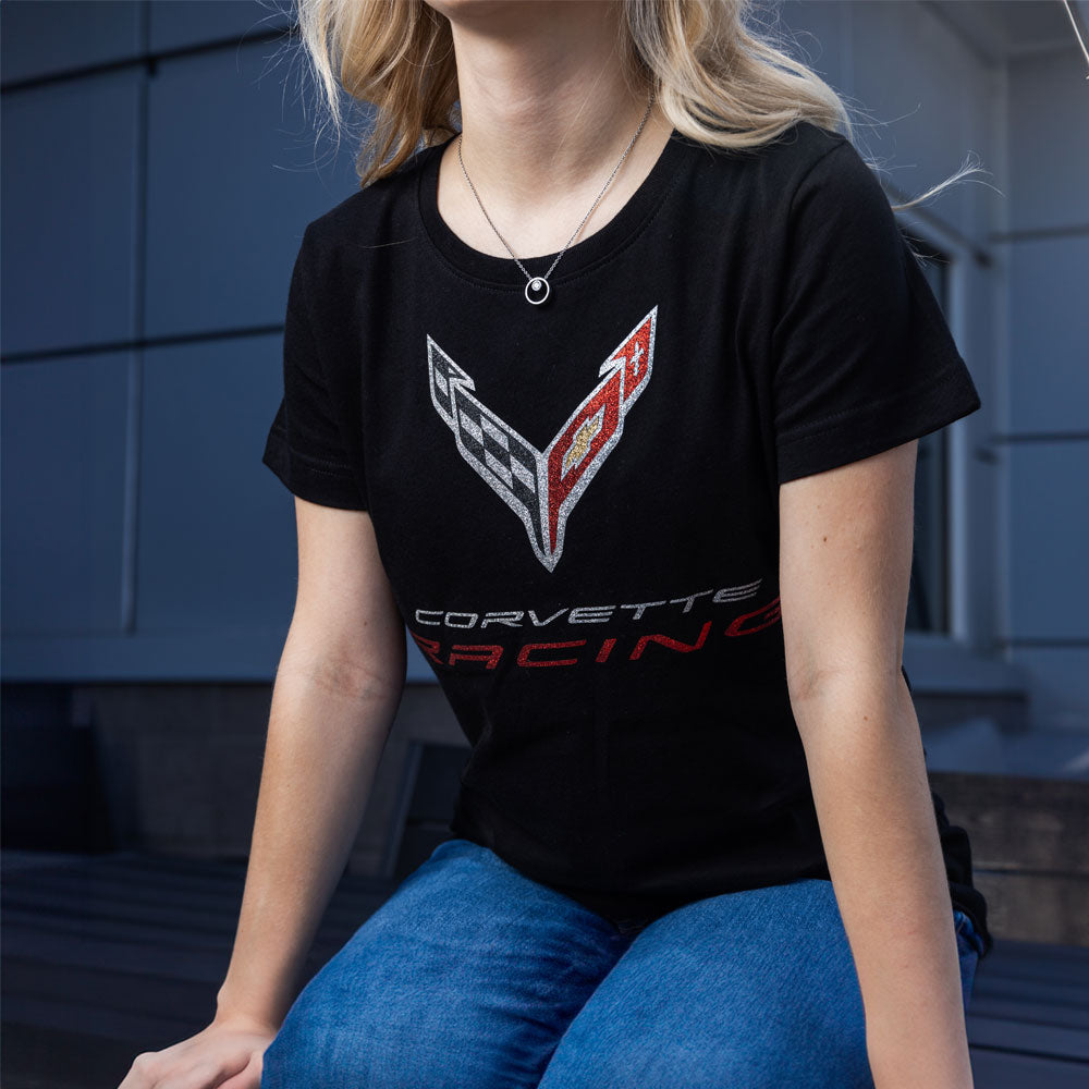 Close up of the emblem on the C8 Corvette Racing Ladies Jersey Top