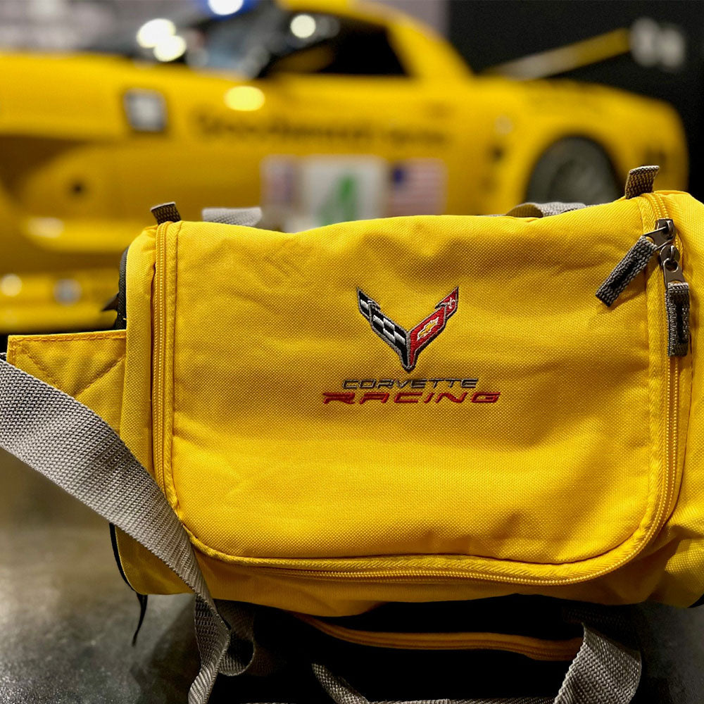 C8 Corvette Racing Yellow Cooler Sitting Next to a C8R Corvette