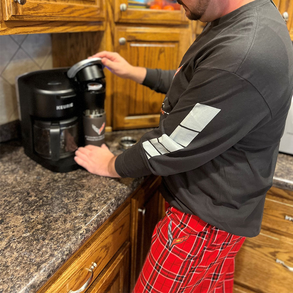Person wearing the C8 Corvette Red Plaid Flannel Pants