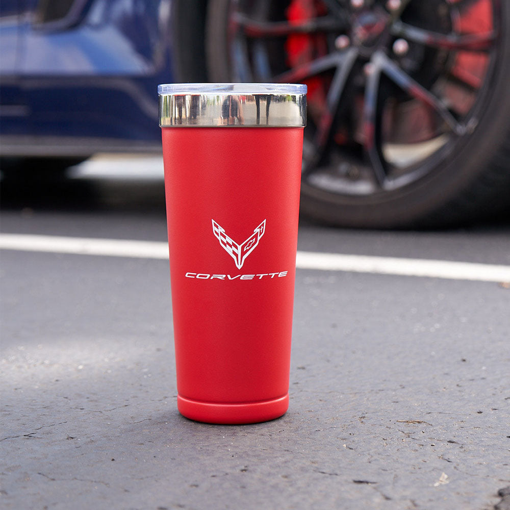 C8 Corvette Polar Travel Mug in front of a car