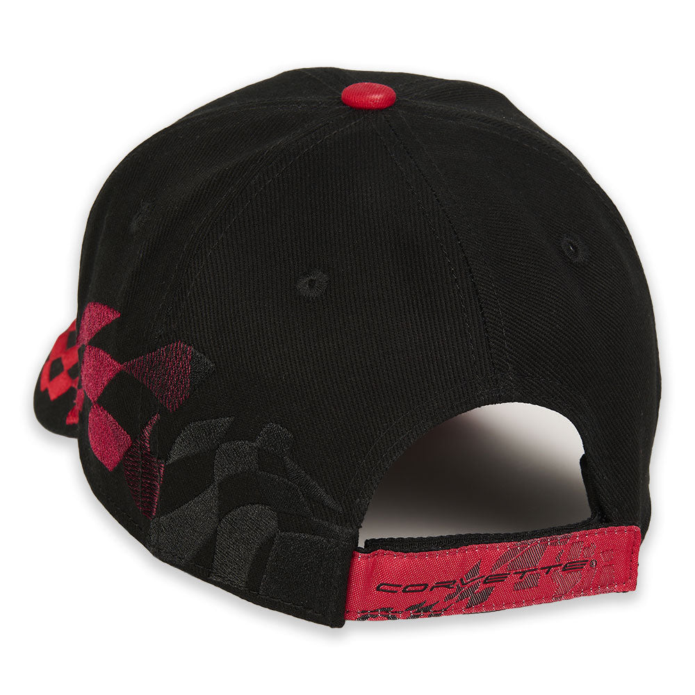 Back view of the C8 Corvette Red and Black Checkered Flag Cap