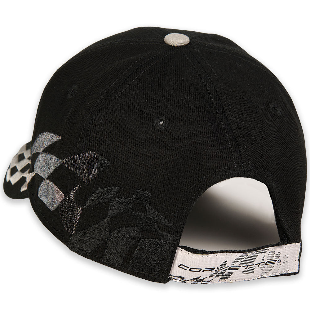 Back view of the C8 Corvette Silver and Black Checkered Flag Cap 