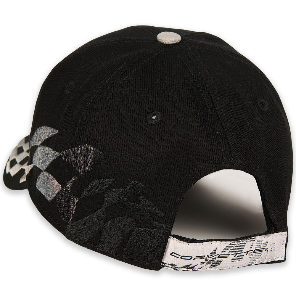 Back view of the C8 Corvette Silver and Black Checkered Flag Cap
