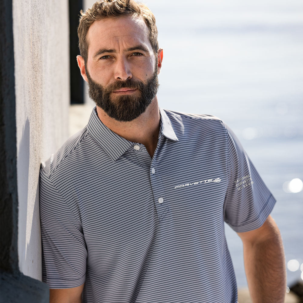 Man wearing the C8 Corvette Stingray Eco Stripe Polo