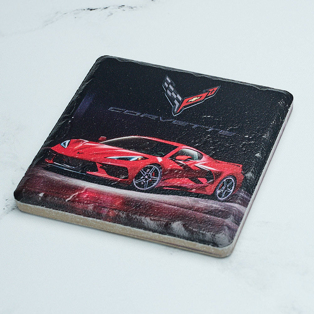 C8 Corvette Stone Tile Coaster sitting on the table