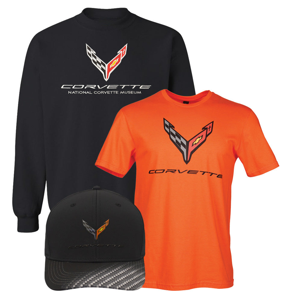 A black sweatshirt, orange tee, and black cap with the C8 Corvette emblem shown on a white background.