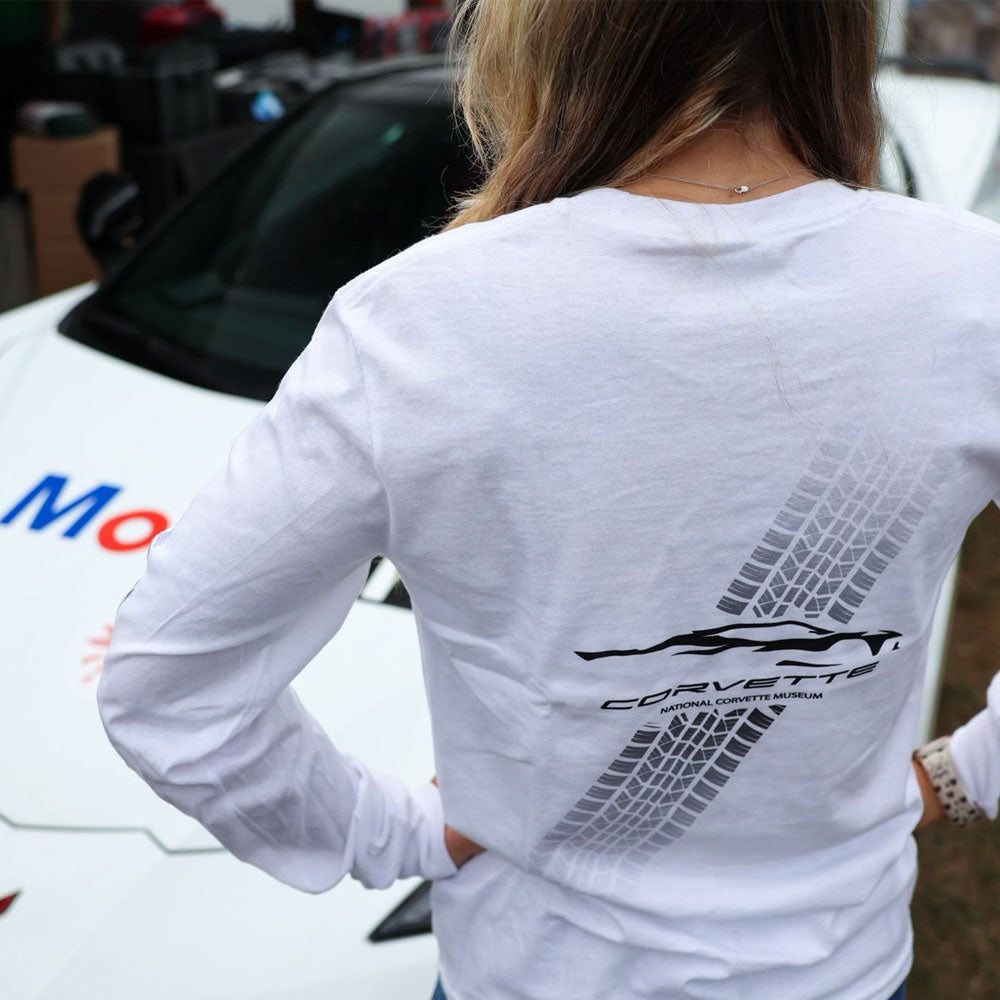 Girl wearing the C8 Corvette Tire Tracks Childrens LS T-shirt