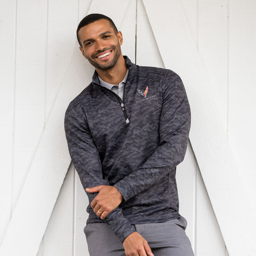 Man wearing the C8 Corvette Traverse Camo Quarter-Zip