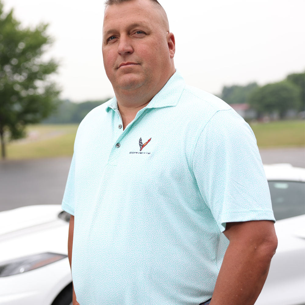 Man wearing the C8 Corvette Virtue Botanical Polo