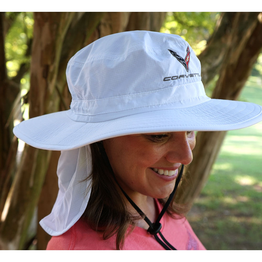 Person wearing the C8 Corvette White Bucket Hat with the sun flap pulled out