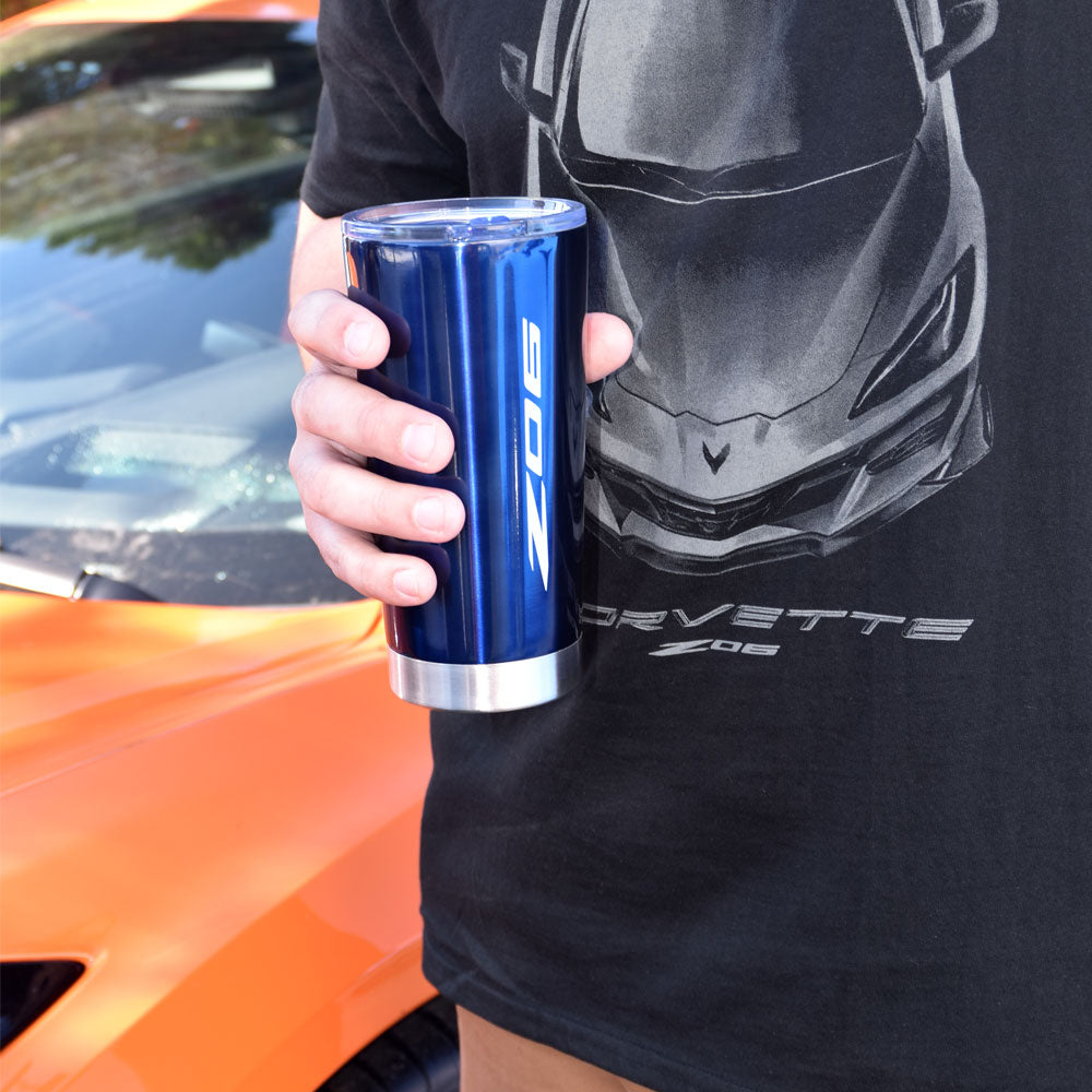 Man holding the C8 Z06 Corvette Blue Frost Tumbler