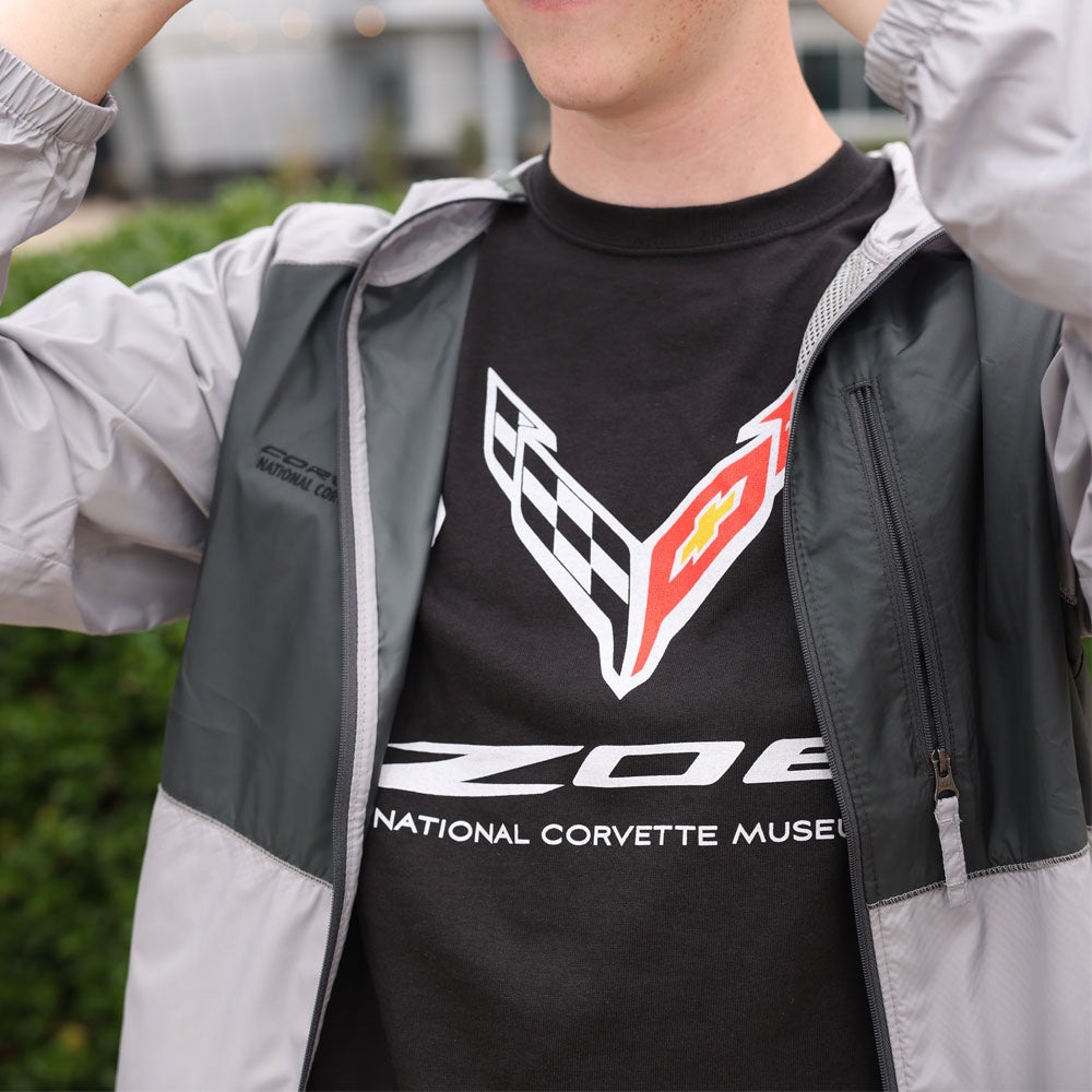 person wearing C8 Z06 Corvette Emblem Classic Black T-shirt