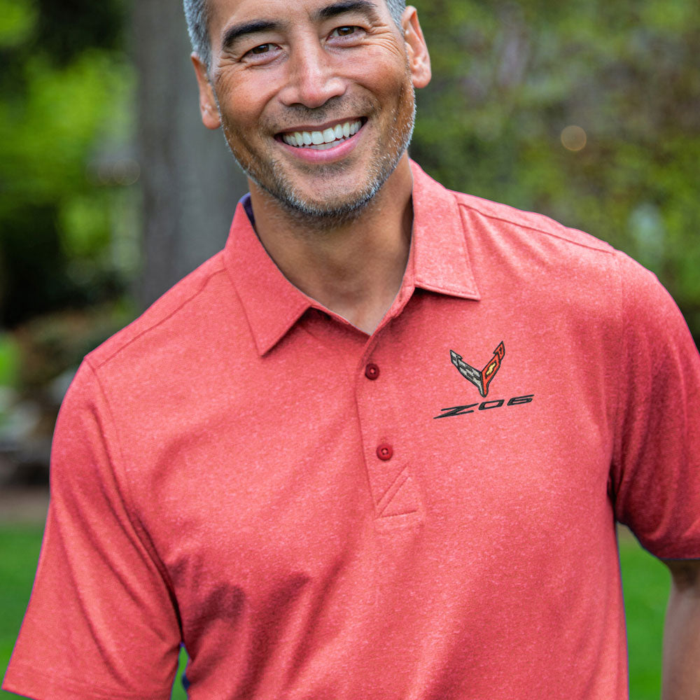 Man wearing the C8 Z06 Corvette Forge Cardinal Red Polo